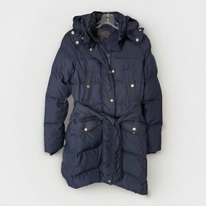 J.Crew Women's Small Belted Down Puffer Coat Navy Hooded Jacket Wintress B5123